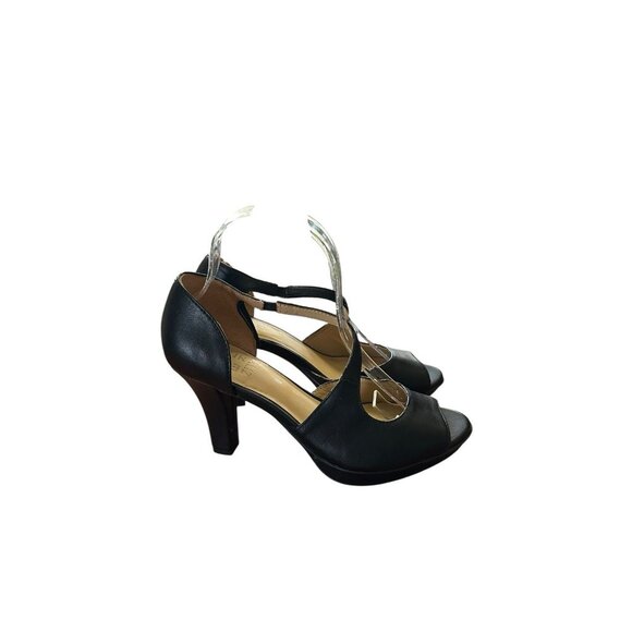 Naturalizer Women’s Dillon Black Leather Strappy Block Heel Sz 7 3.25” Open Toe - Picture 1 of 9